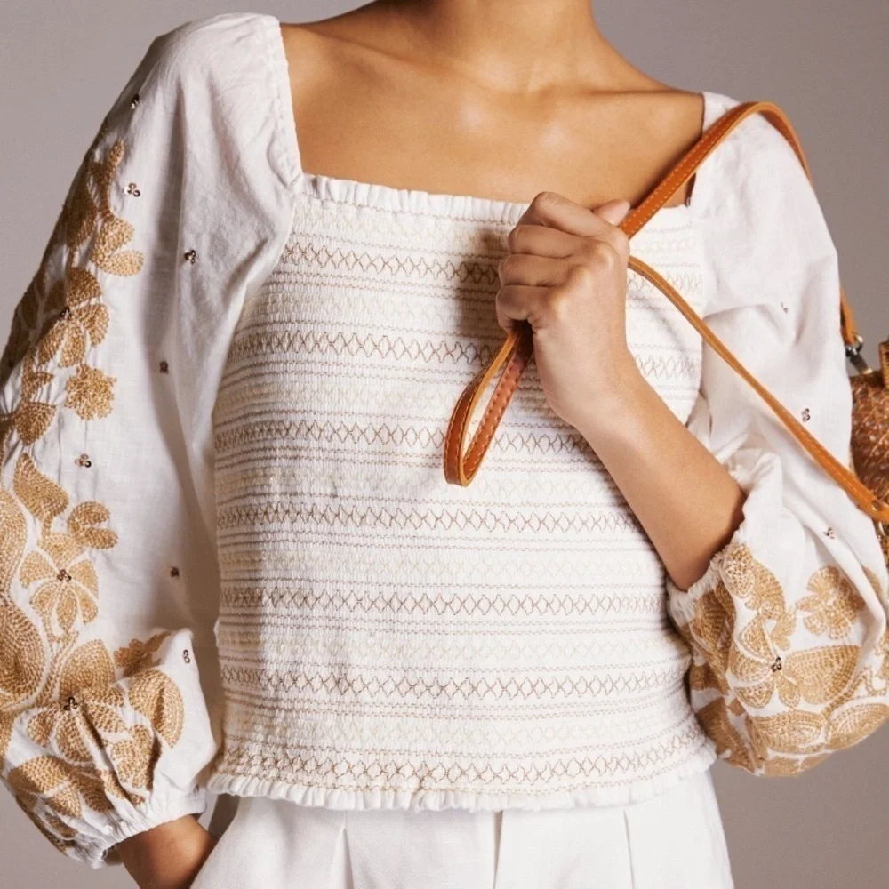 NWT Anthropologie Smocked Embroidered Puff Sleeve Square Neck Top